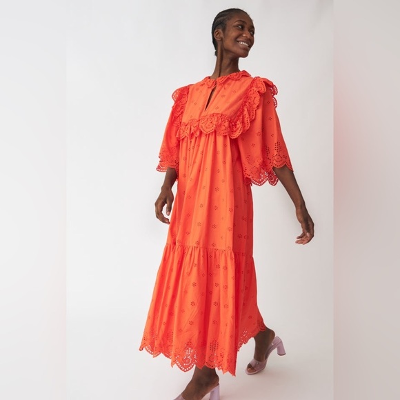 Stella Nova Barbara Joe Dress Eyelet Ruffle Maxi Size 36 US Small Orange Red EUC - Picture 4 of 10